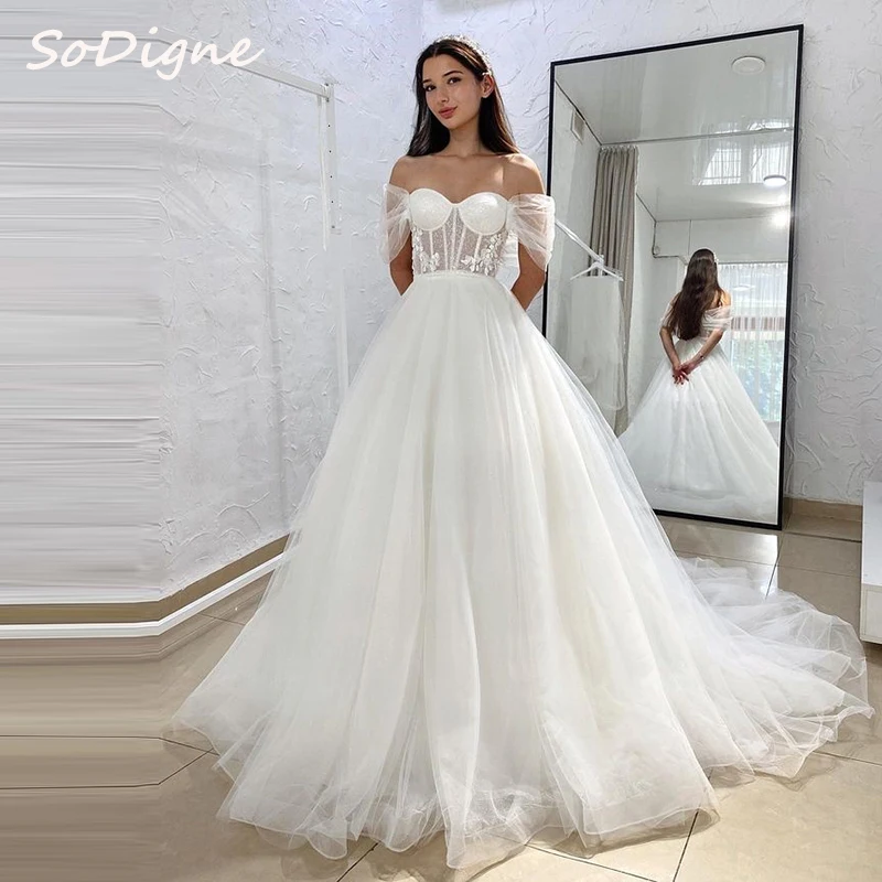 

SoDigne A-line Off Shoulder Tulle Wedding Dresses Sweetheart Sleeveless Appliques Bridal Dress Long Bridal Gown 2025 Customized