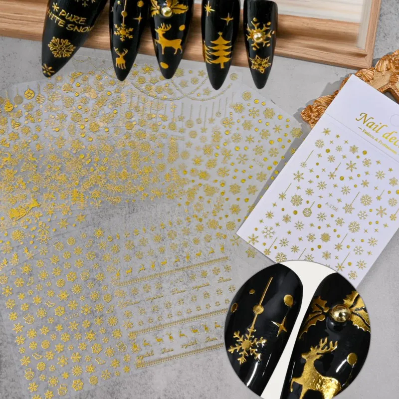 1Pc Christmas Series Snowflakes Nail Art Stickers 3D Bronzing Snowflakes Pattern Back Adhesive Winter Manicure Decoration Decals