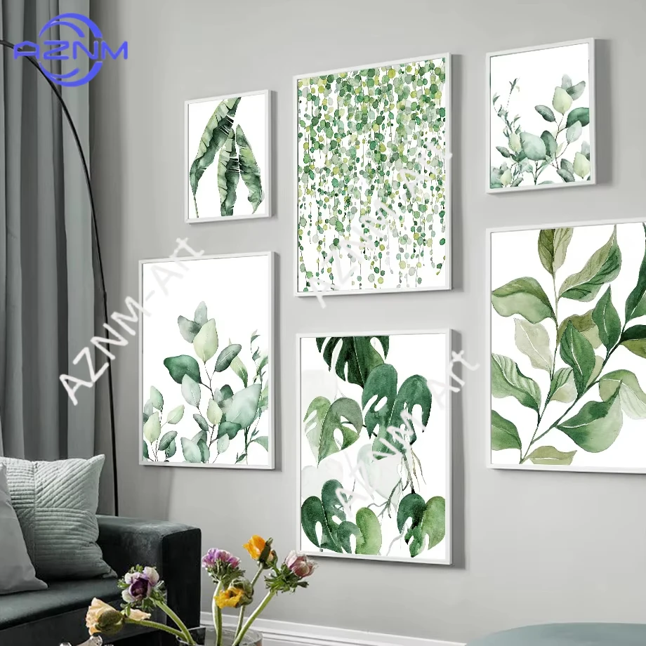 1 Stück/6 Stück Leinwandgemälde Frühlingsgrüne Aquarell-Pflanzenblätter Palme Nordische Poster und Drucke Wohnzimmer-Wandkunst Dekoration