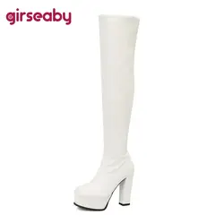 Girseaby Sexy Women Thigh Boots Round Toe High Heels 12.5cm Platform Hill 4.5cm Slip On Double Use Plus Size 49 50 Party Shoes