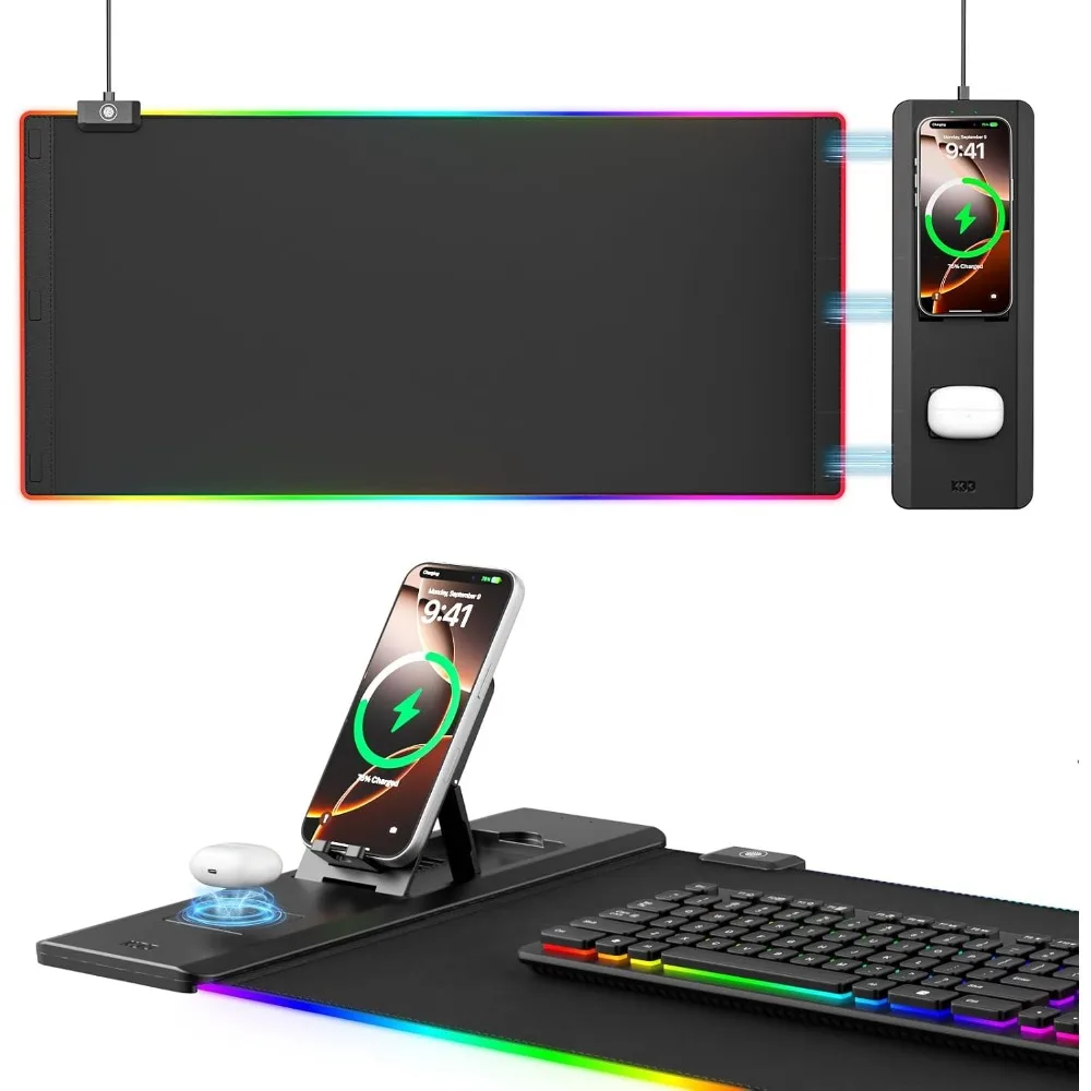 Wireless Charging Desk Mat with Phone Holder and Fast Charger - Smooth Surface, Non-Slip Base Gaming Mousepad