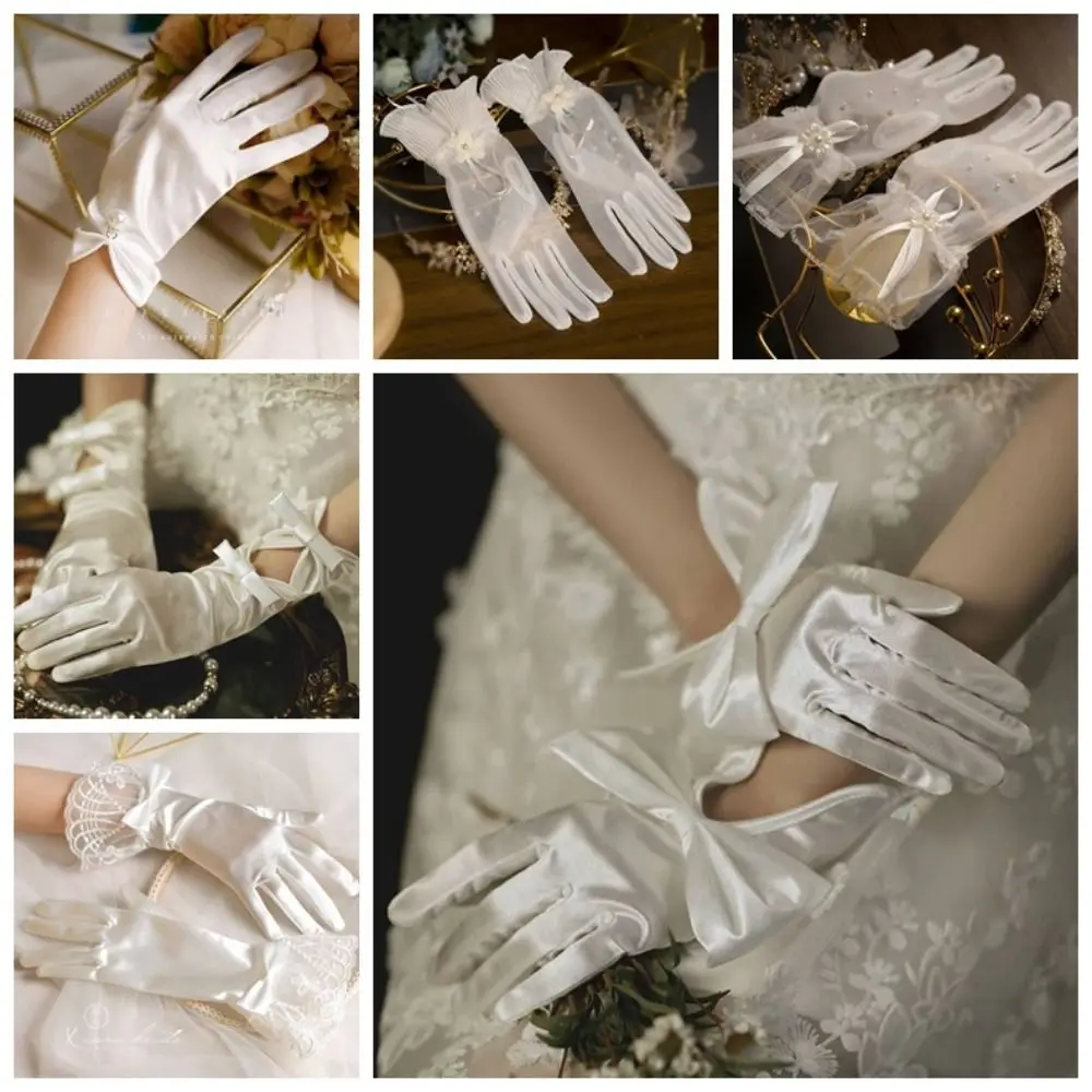 1 Pair Marie Cat Cos White Satin Gloves Wedding Short Glove Mesh Bow Knot Gloves Thin Elegant Lace Gloves Women Evening Party