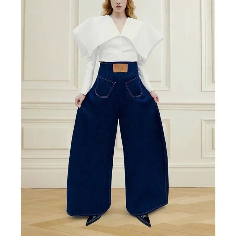 Tinaa Vintage Niebieskie Damskie Jeansy 2026 Stylowe Spodnie Biurowe z Naszytymi Skórzanymi Wstawkami, Skośne Kieszenie, Zamek z Tyłu w Talii, Luźne Spodnie Denimowe 193619