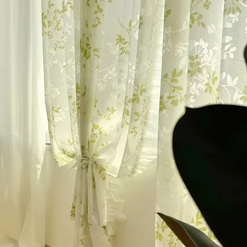 French Log Style Romantic Gauze Curtain High-end Customized Green Light-transmitting and Opaque Window Screen Window Decor