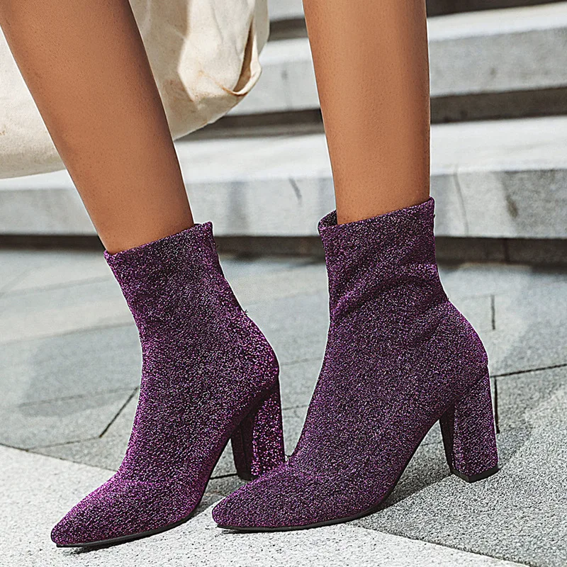 Stivaletti strass tacco basso Chelsea Boot Stretch Skinny Fashion Boots Dress Shoe Purple Luxury Chunky Shiny Short Boot