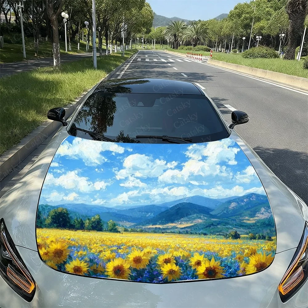 Vibrant sunflower field and mountain landscape decal for car hoods. Adds a scenic, artistic touch to your vehicle's exterior des