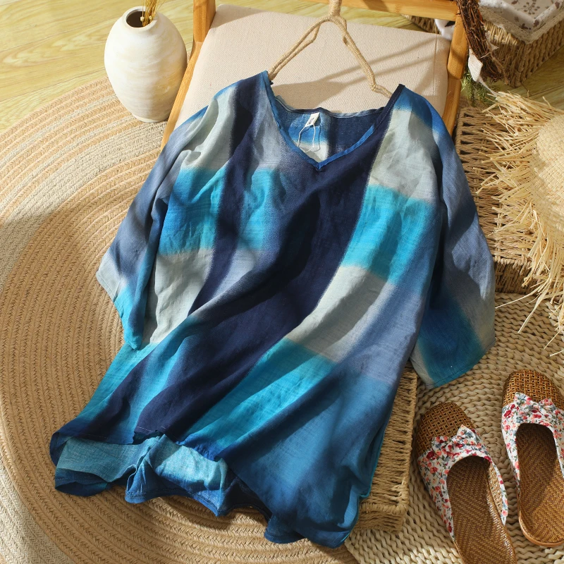 

Retro Patchwork Cotton Linen T-irt plus Size Women's V-Ne ort Sve Extra Fat Covering Asymmetrical Meat Concealing Top