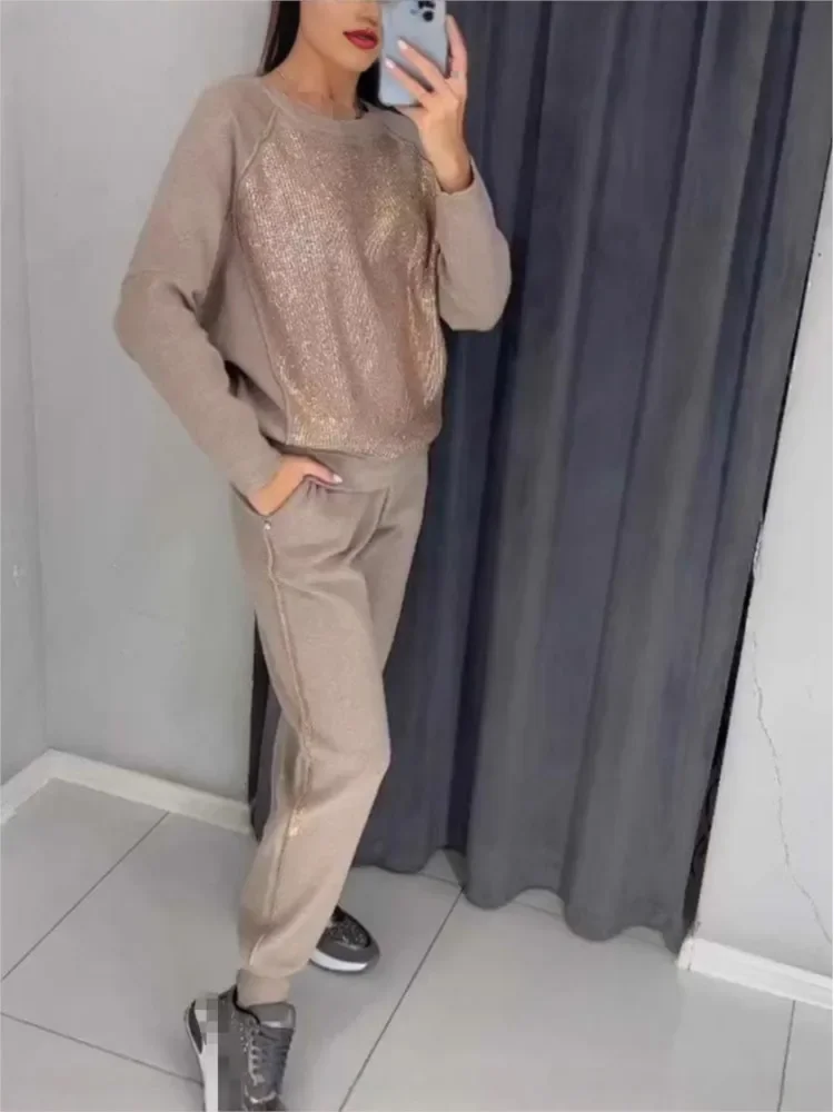 

Women's Casual Loose Sequins Sweatshirt Outfits Fashion O Nec Solid Pencil Pants Sets Spring New Sports Pants Two Piece Sets