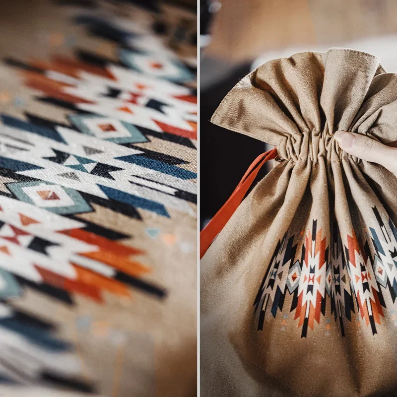 Maden Vintage Women's Khaki Canvas Tote Bag Navajo Print Handbag with Red Drawstring Shoulder Bag Vintage Causal Hobo Bag