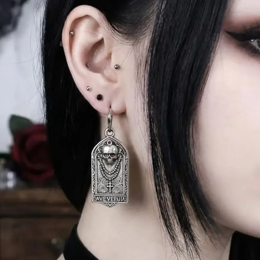 Y2K Gothic Skull Cross Hoop Earrings Dark Aesthetic Unisex Millennium Punk Tag Earrings for Men Women Halloween Decorations