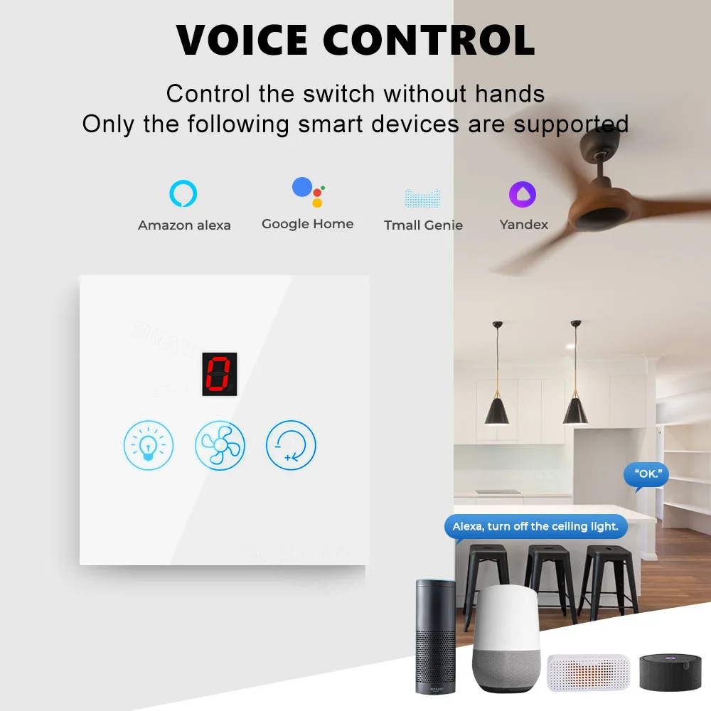 สวิตช์ไฟอัจฉริยะแบบสัมผัส Graffiti Smart Home WiFi สวิตช์ติดผนังทันสมัยสำหรับพัดลมและไฟ ปรับความเร็วได้ ควบคุมการตั้งเวลาผ่านแอป Wall Rules