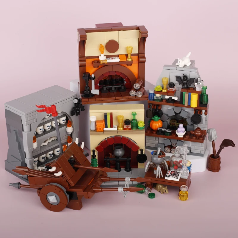 MOC Medieval Military Castle Wine Barrel Bar Furniture Building Blocks Street View Pub Table Roast Chicken Fireplace Bricks Toys