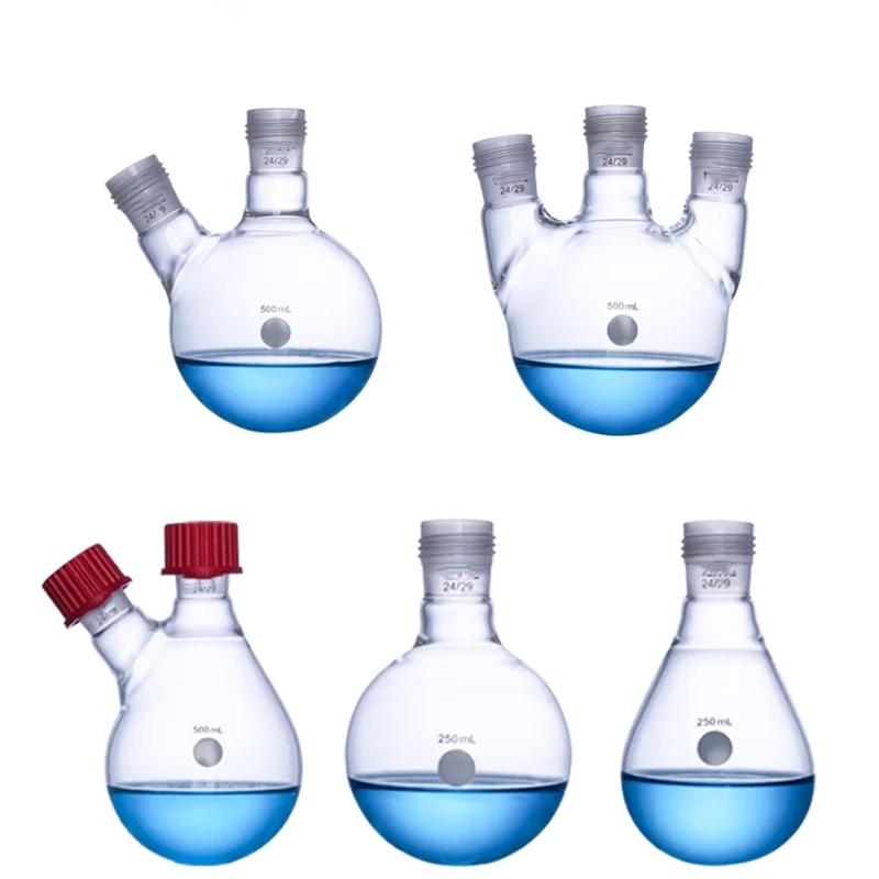 

Eggplant-type flasks with external threaded mouth oblique double round bottom distillation flasks high temperature thickening