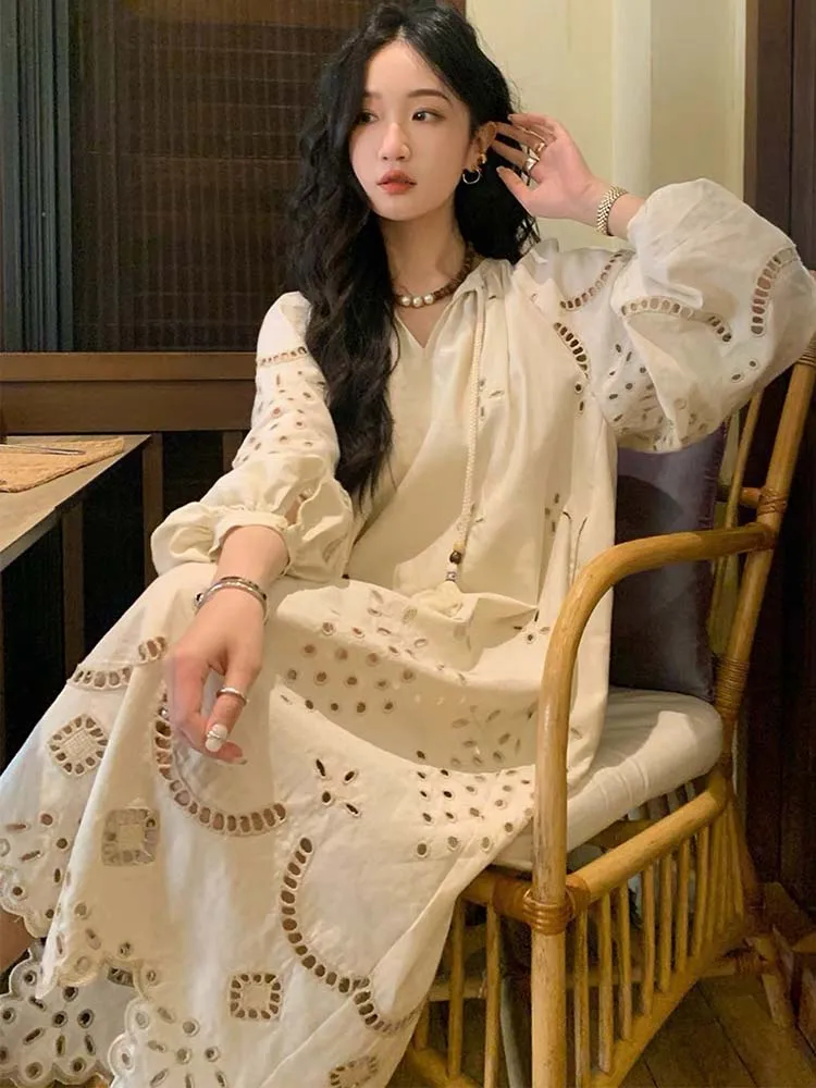 Boho Hollow Out Dress Women Casual Loose Long Sleeve V Neck Dress Female Autumn Korean Style Vintage Fashion Tassel Long Dresses