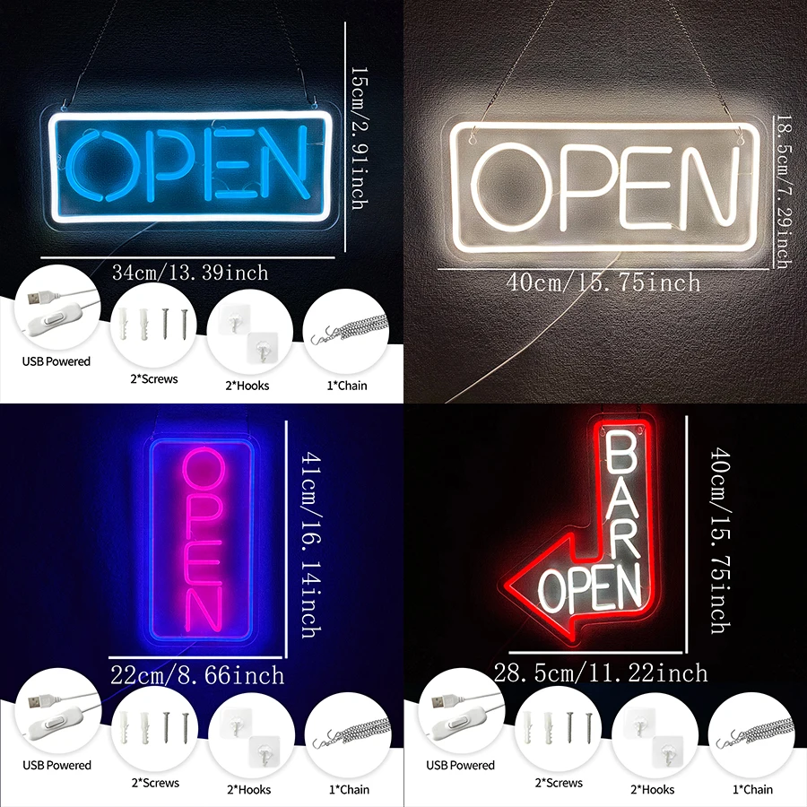 علامات مفتوحة للأعمال، علامات إضاءة نيون LED مع مفتاح تشغيل/إيقاف للحانات والمتاجر والمقهى والفندق والنوافذ والأماكن الخارجية وما إلى ذلك.