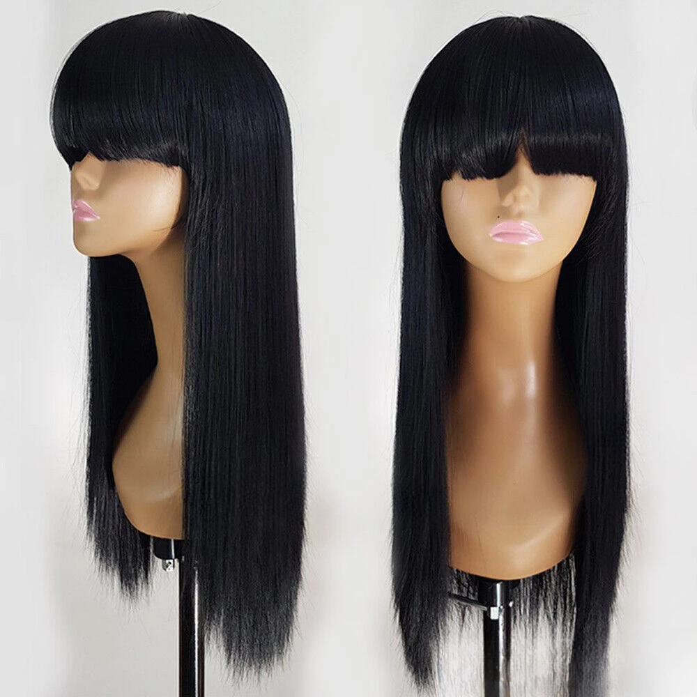 Long Silky Straight Black  Heat Resistant Synthetic Wigs with Bangs Cosplay