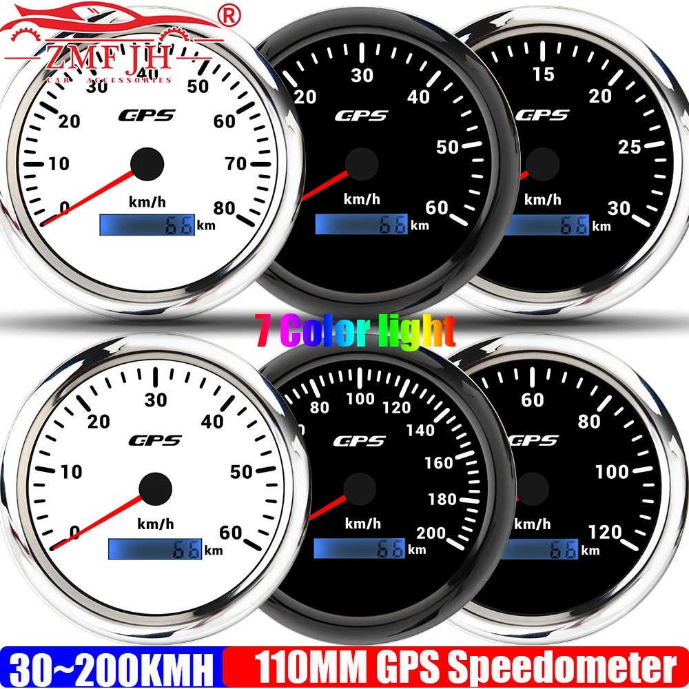 

ZMFJH 110MM GPS Speedometer Gauge with Antenna 7 Color LED Pointer 120KMH,200KMH Speed Meter Mileage for Marine Boat Car 12V24V