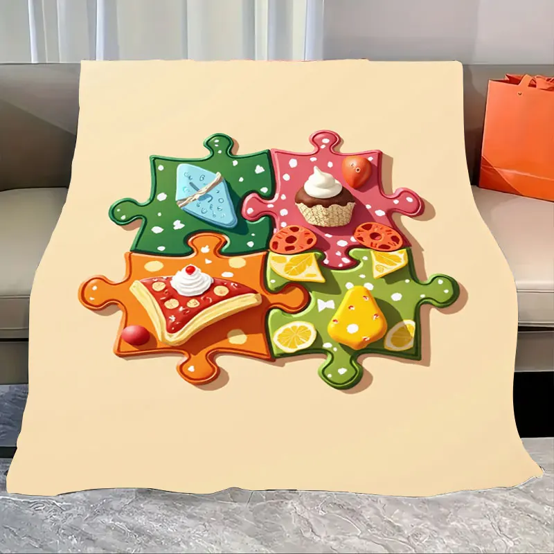

1pc Flannel Blanket Puzzle Food Print Soft Cozy Blanket for Kids Room Decor