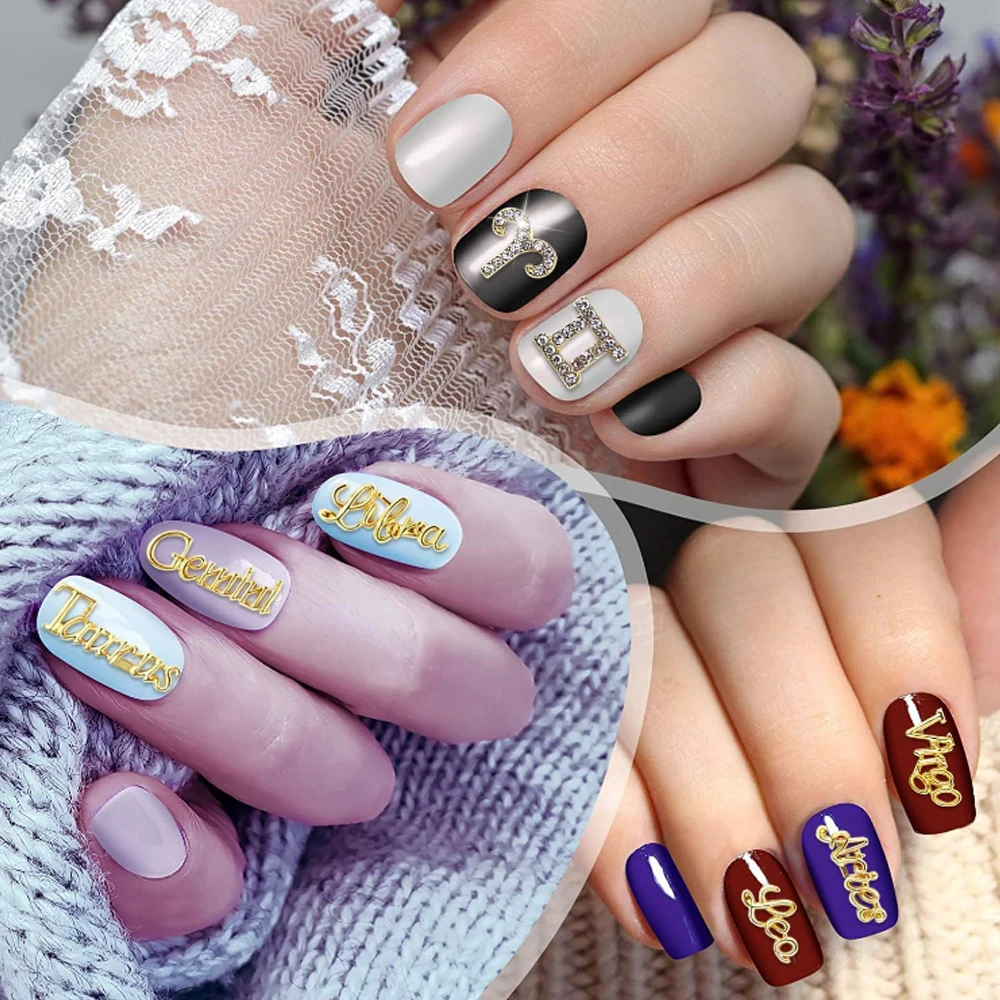 24 Pieces Gold Alloy Zodiac Nail Charms 12pcs Zodiac Signs Nail Studs 12pcs Constellation Words Nail Charms Twelve Constellation