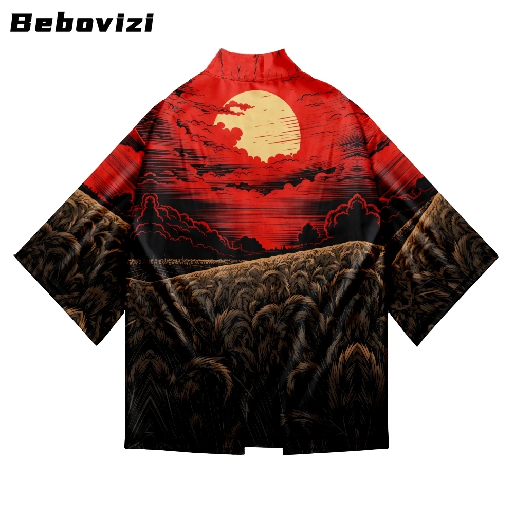 

Bebovizi Fashion Sunset Print Cardigan Haori Women Men Loose Yukata Asian Clothes Japan Harajuku Beach Kimono