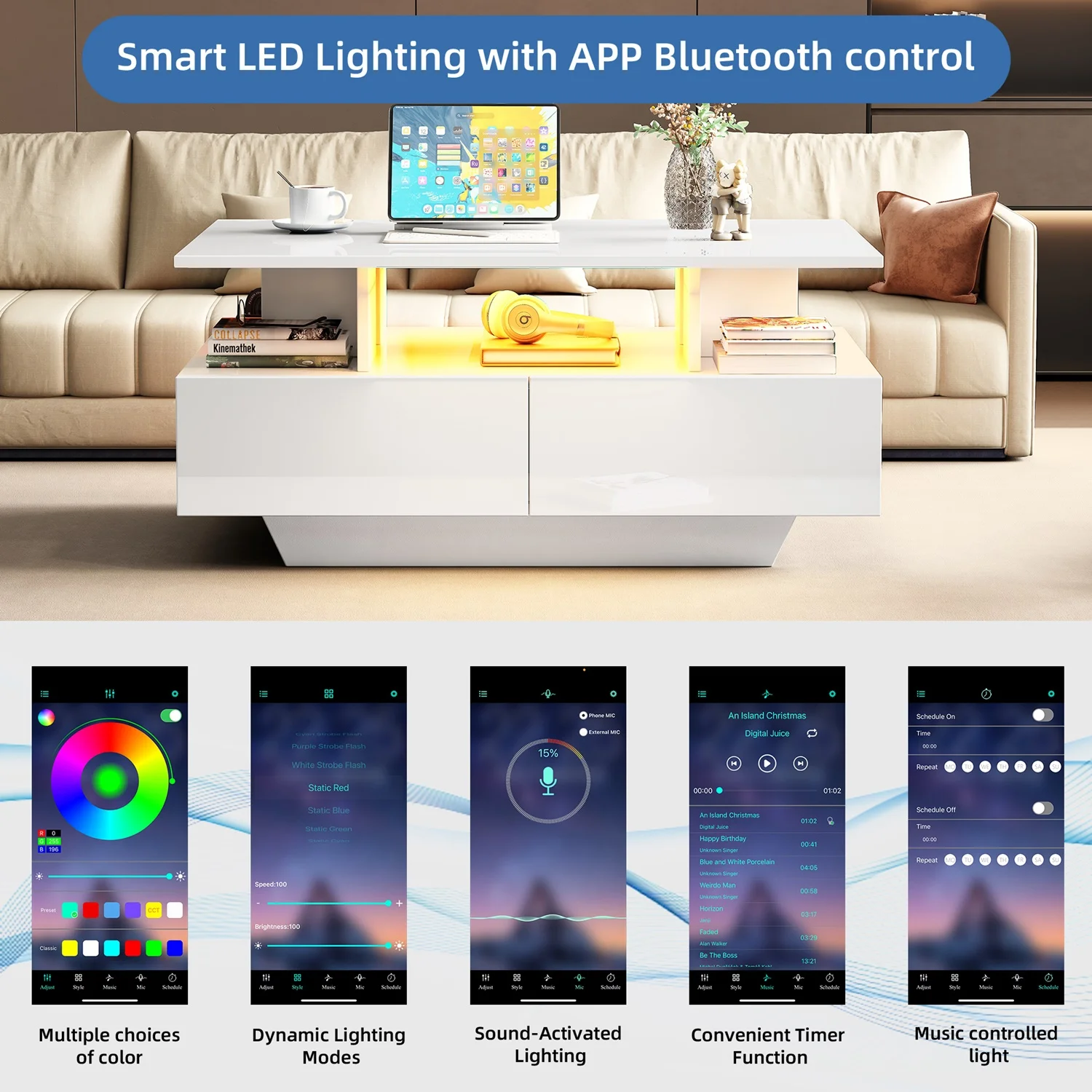 طاولة القهوة الحديثة LED طاولة شاي مستطيلة عالية اللمعان مع مساحة تخزين 2 درج لأثاث غرفة المعيشة، 90x55x41 سم #4