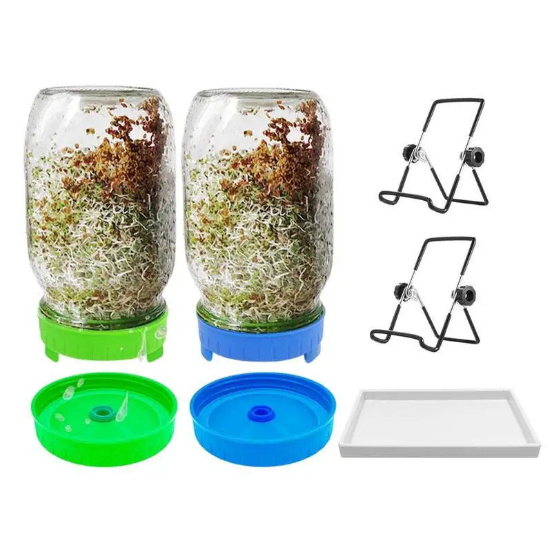 Seed Sprouting Glass Cup And Stand Set 2pcs Kitchen Seed Germination Seeds Sprouter Set Wide Mouth Mason Jar Sprouts Lid Set