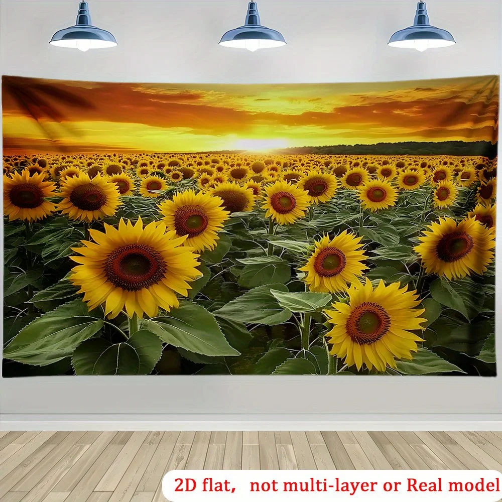 2D Flat, 1pc Sunflower Field Sunset Tapestry Golden Flowers Sky Horizon Wall Hanging Farmhouse Style Home Decor