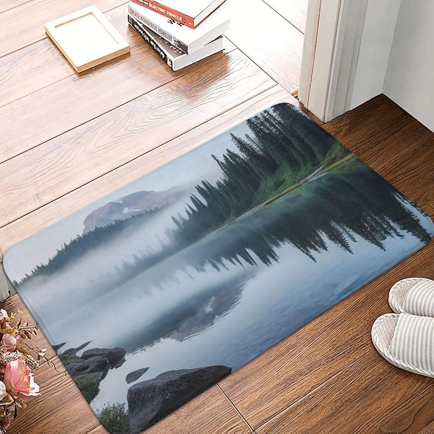 Foggy Forest Lake Mountain Reflection Nature Scenery Print Flannel Floor Mat Home Decor Carpet Soft Plush Non Slip