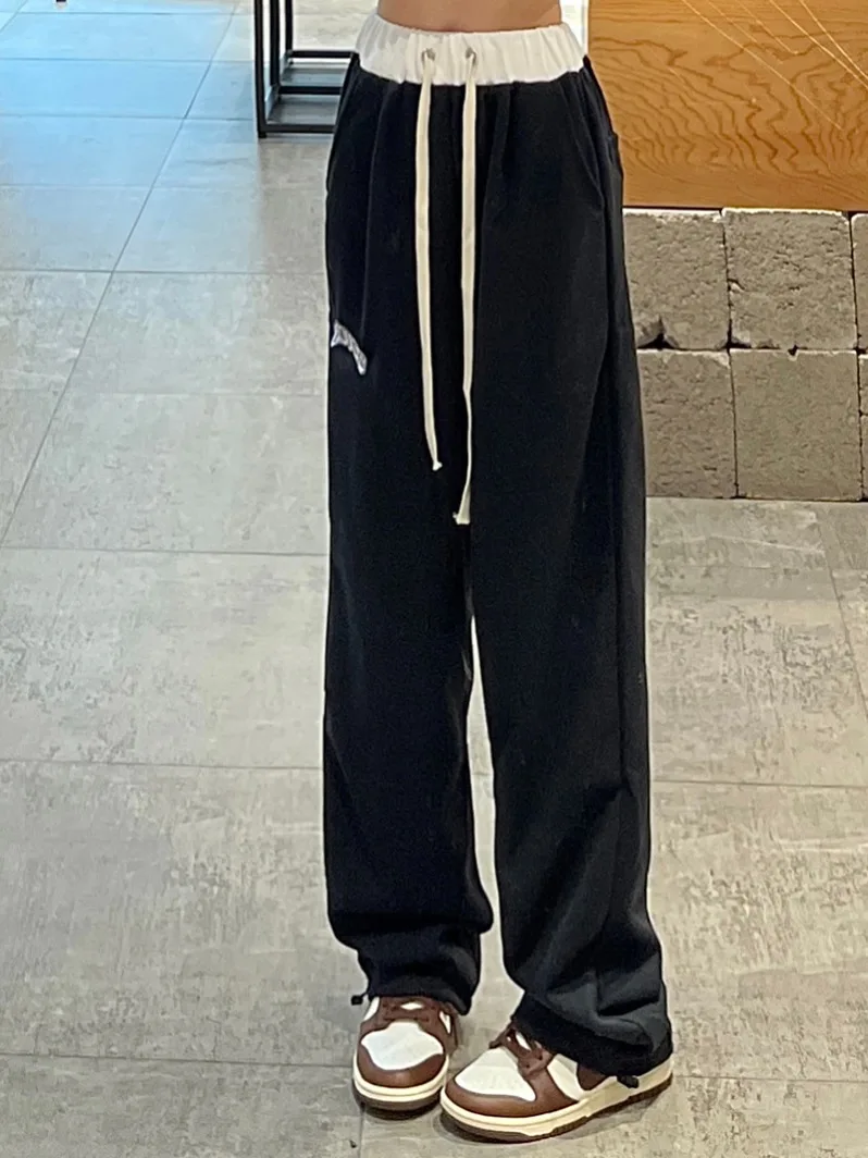 Damskie spodnie sportowe w stylu retro, z wysokim stanem, szerokimi nogawkami, luźne, proste, wygodne, idealne na zimę.