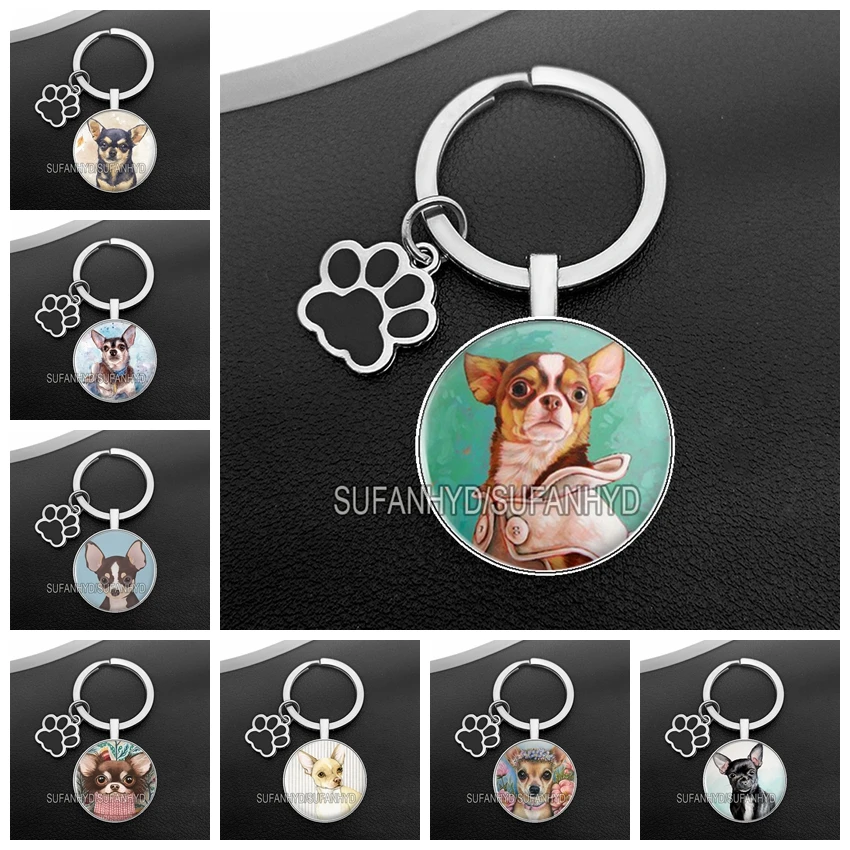 Cute Chihuahua Keychain Crystal Dog Key Ring Lovely Puppy Keychains for Animal Lovers Women Fashion Bag Pendants