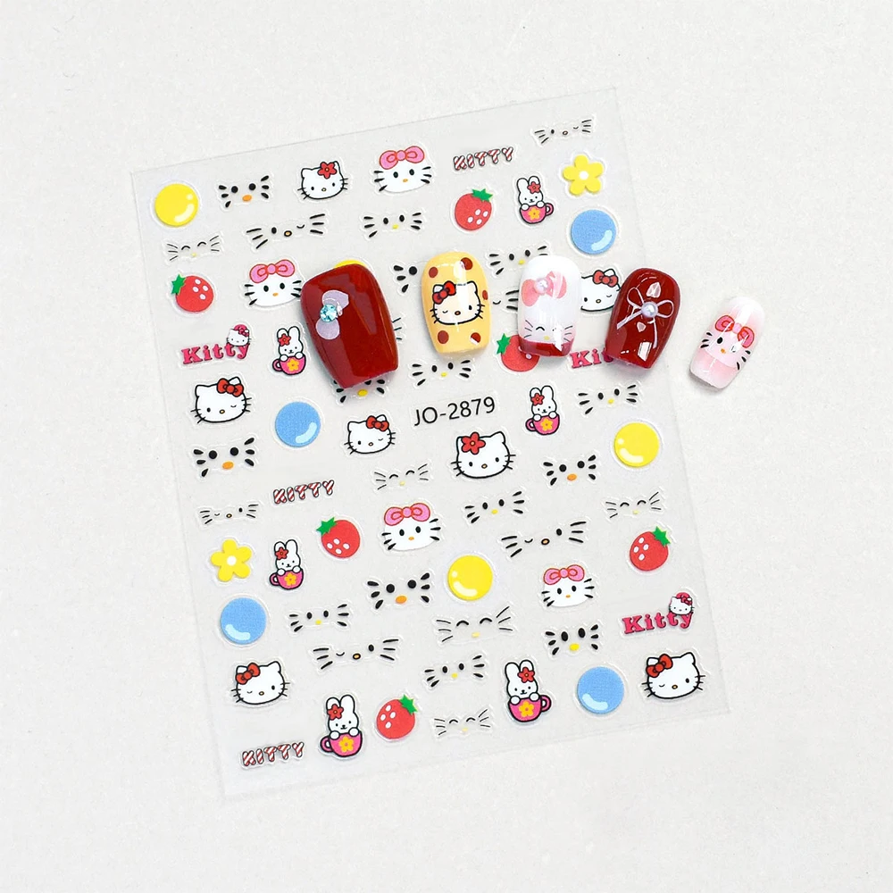 Autocollants pour ongles dessin animé 3D Hello Kitty, 1 pièce, Kawaii KT, nœud de chat, cœur, fleur, décalcomanies adhésives, visage de chat, fraises, curseurs de manucure