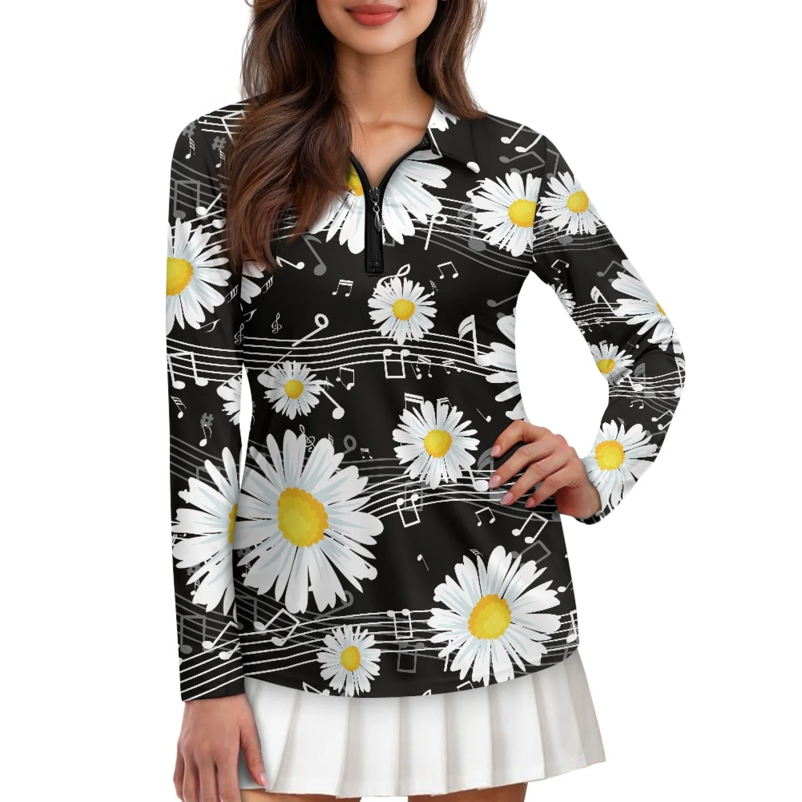 PENSTROLL Daisy Musical Note Womens Athletic Fit Tennis Polo Shirts Long Sleeve Golf Outfits for Gym