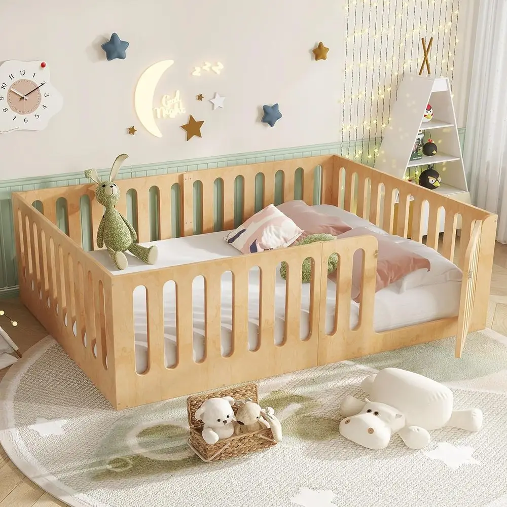 

Natural Solid Wood Full Size Montessori Bed with High Back and Door, Suitable for Boys and Girls