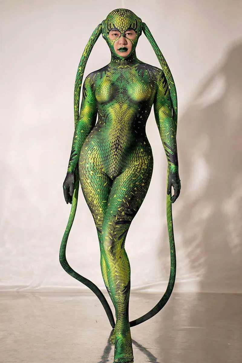 Festa de halloween mostrar roupas de palco verde bodysuit cobra elastano estiramento magro macacão das mulheres dos homens cosplay traje