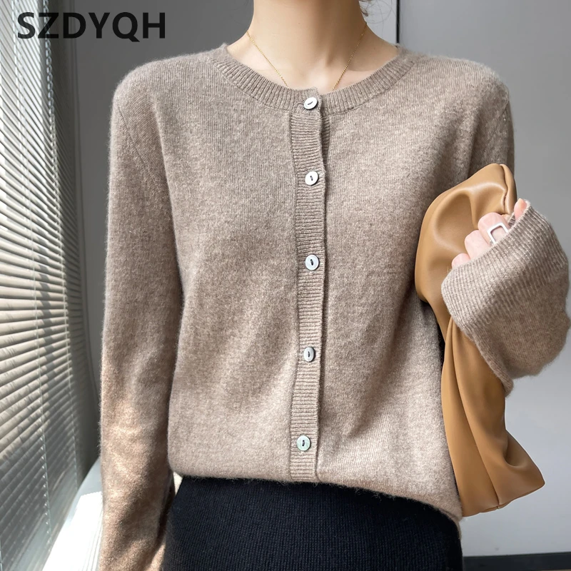 Autumn Women\'s Cardigan 100% Cashmere Knitted Sweater Chic Tops Coat Causal Outwear Full Sleeve Loose Women O-Neck Shirt Spring