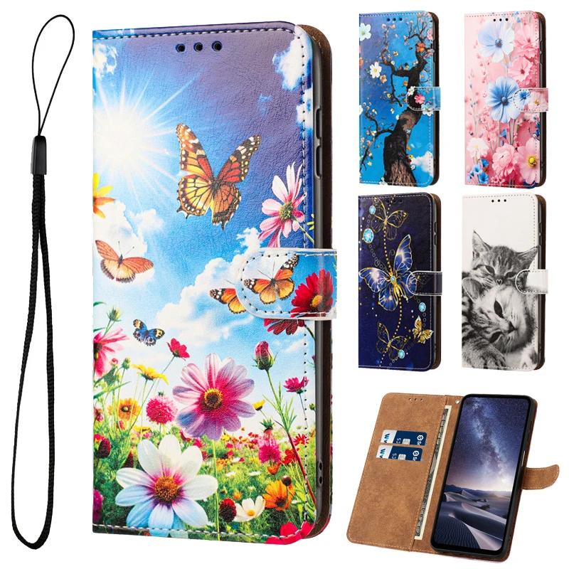 Painted Case on For Samsung Galaxy A12 A22 A32 A52 A72 A52S A22S 4G 5G A525 A225 Leather Flip Stand Phone Cover Cute Flower Capa