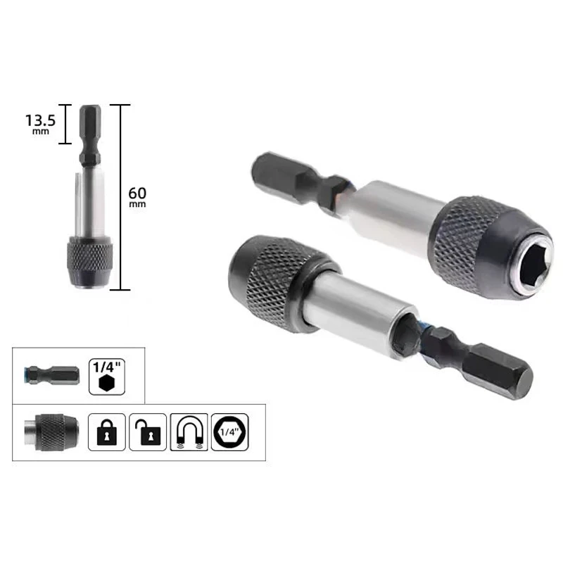 Impact Black Magnetic Bit Holder 60MM 1/4" Hexagonal Handle Magnetic Sleeve Drive Bit Tool Accessories Adapter image 3