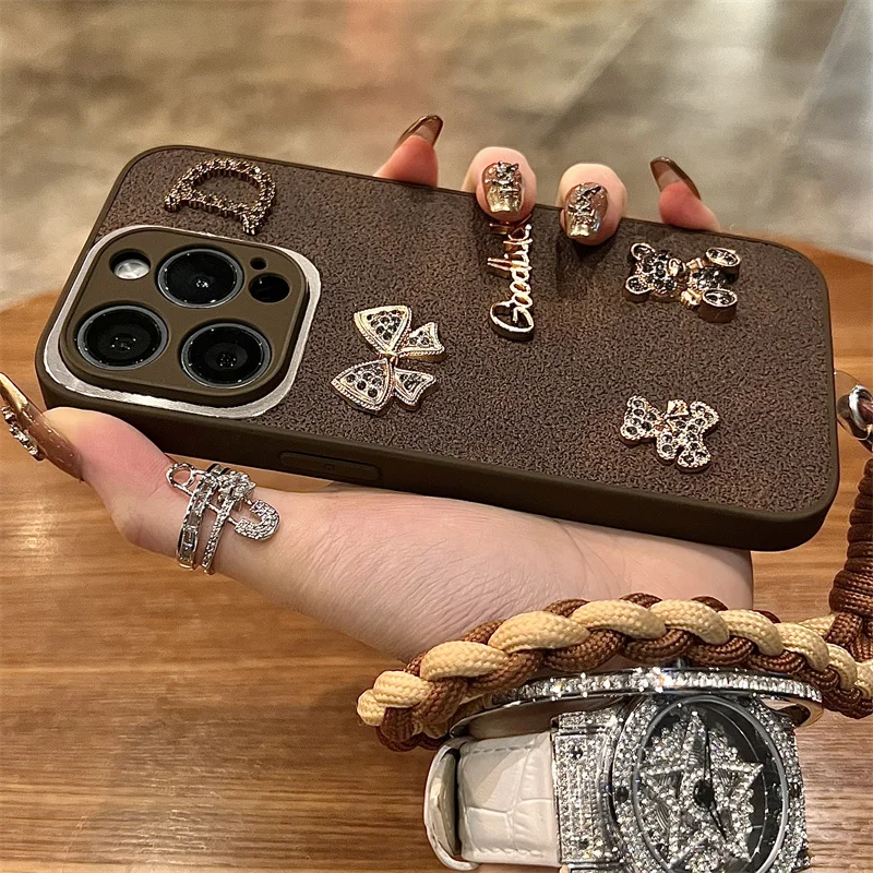 럭셔리 가죽 엠보싱 패턴 휴대폰 케이스, 아이폰 15, 14, 13, 12 프로 맥스, 패션 타이드 핫 골드 레터, 단색 커버