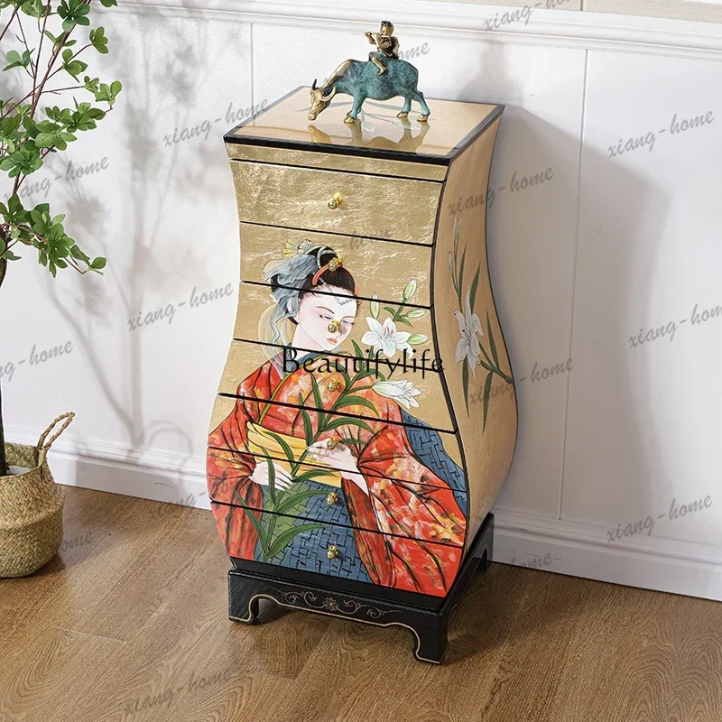 JJ New Chinese-style painted solid wood seven-chest cabinet, living room drawer type storage storage decorative side cabinet