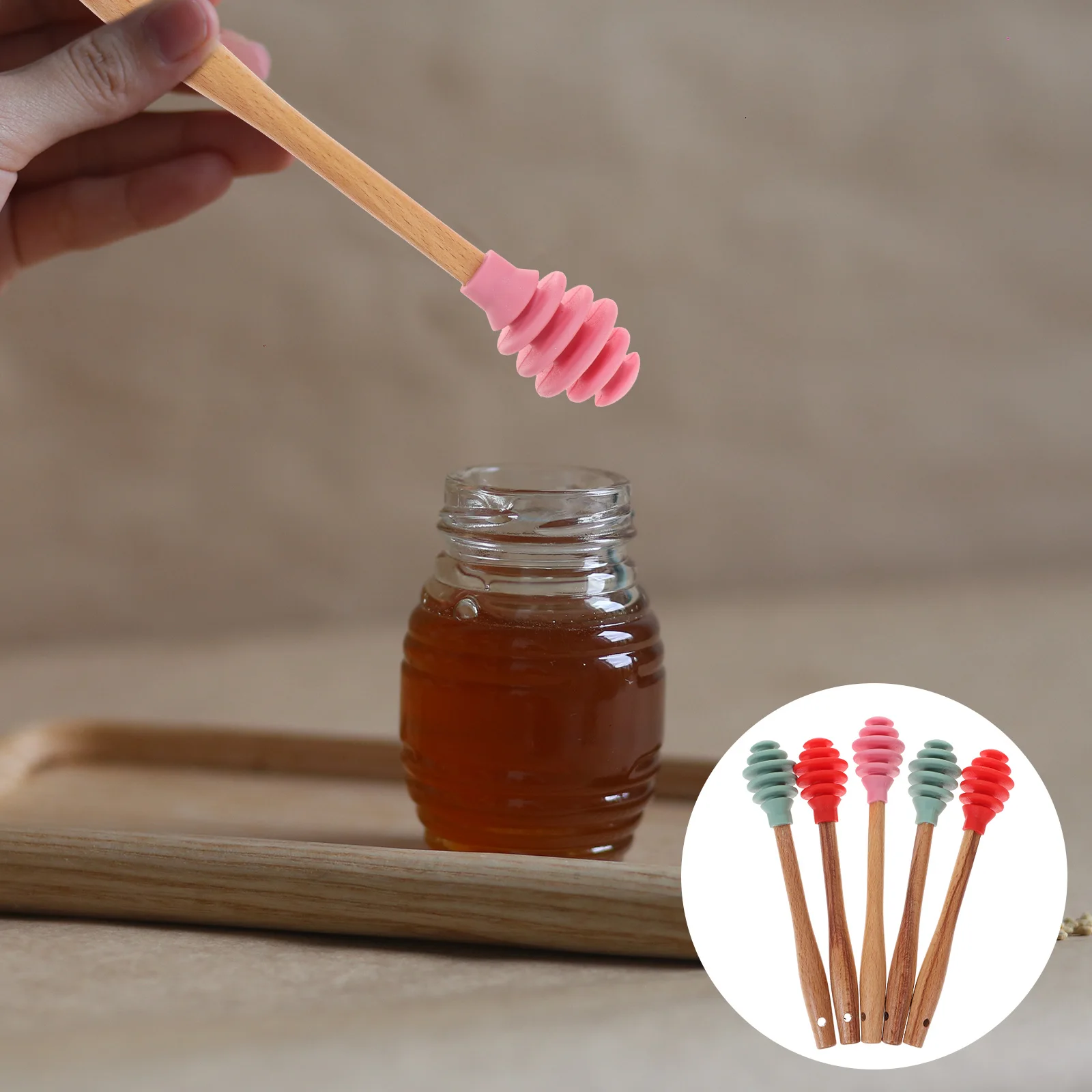 

Silicone Dipper Stirring Rod Mini Pot Stick Mixing Spiral Silicone Head Wood Safe Extract Honey Easily Jars Excellent