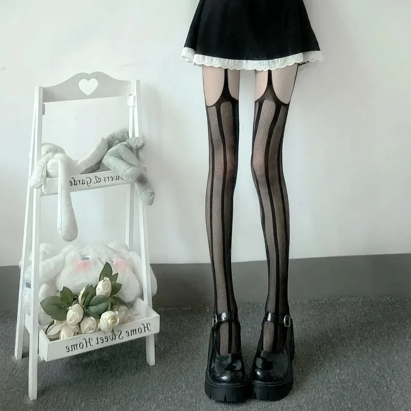 Lolita Girls Fishnet Bow Striped Stockings with Belt Women Sexy Mesh Bottomed Pantyhose Costumes Cosplay Anime Thigh High Socks