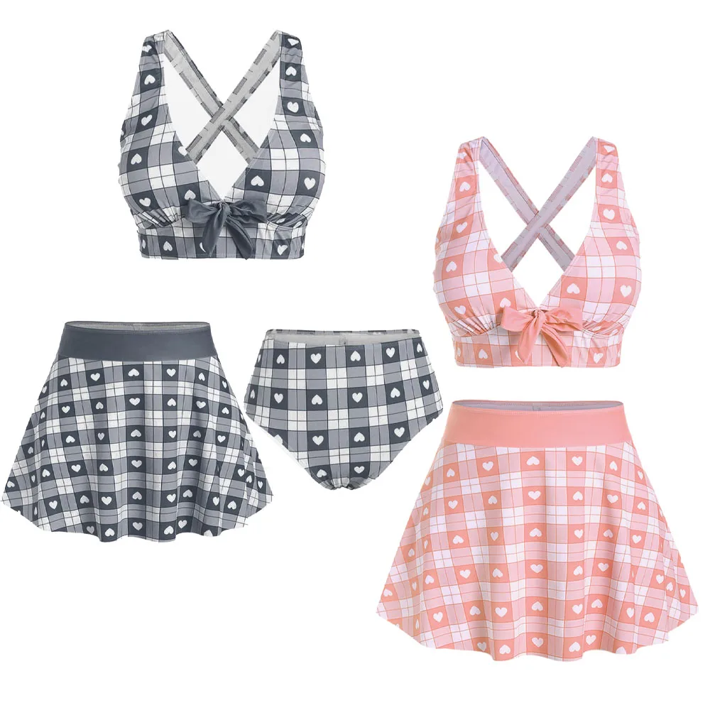روزغال حجم كبير النساء ثوب السباحة 3 قطع ملابس السباحة القلب Bowknot تقاطعات مبطن Tankini أعلى، ملخصات وتنورة عالية الخصر #1