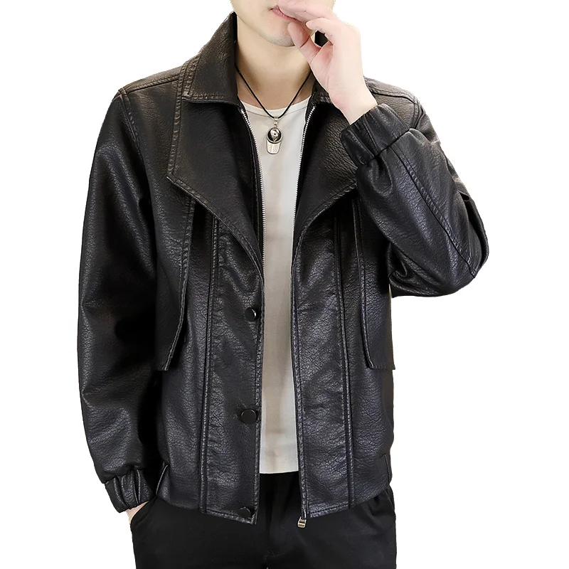 

Мужская куртка из искусственной кожи, осенне-зимняя, модная, однотонная, имитация двухслойной мотоциклетной куртки, для зрелых и стильных мужчин, повседневное пальто