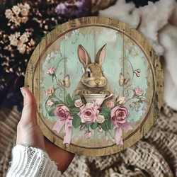 1 Vintage Wooden Disc Positive Bunny Teacups Elegant Art Wall Decor Bar Cafe Beach House and Backyard 8 inch