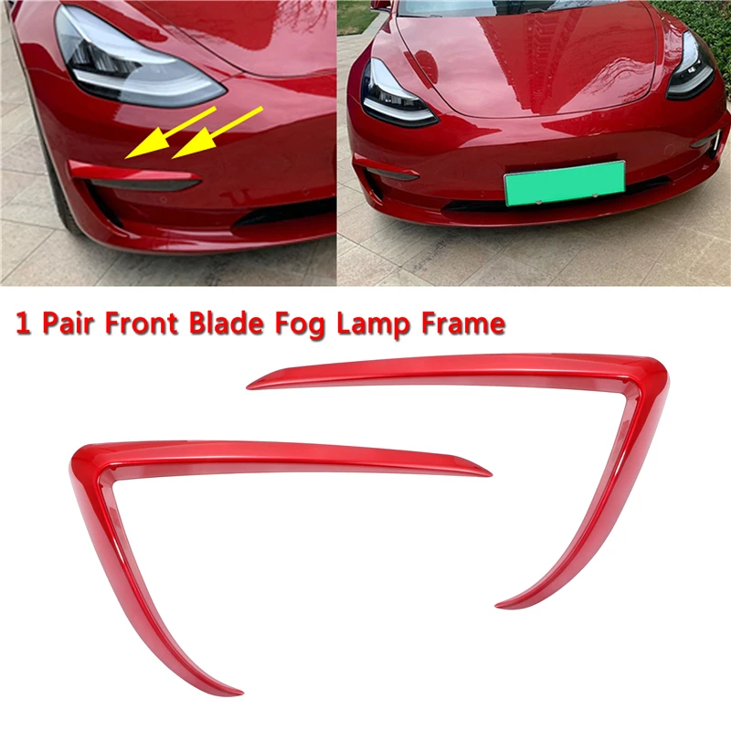 1 Pair Car Front Blade Trim ABS Black Carbon Fiber White Red For Tesla Model 3 2017-2022 Light Eyebrow Wind Knife Fog Lamp Frame