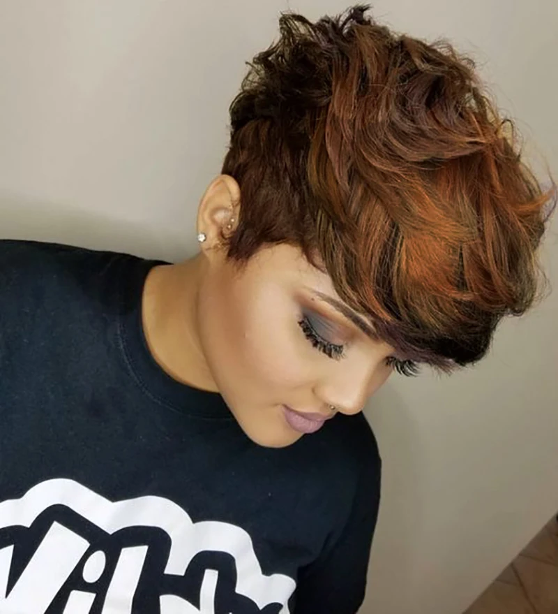 Nicelatus Short Pixie Cut Synthetic Wigs for Black Women Short Hairstyles Wigs with Bangs Short Mixed Brown Wigs for Women