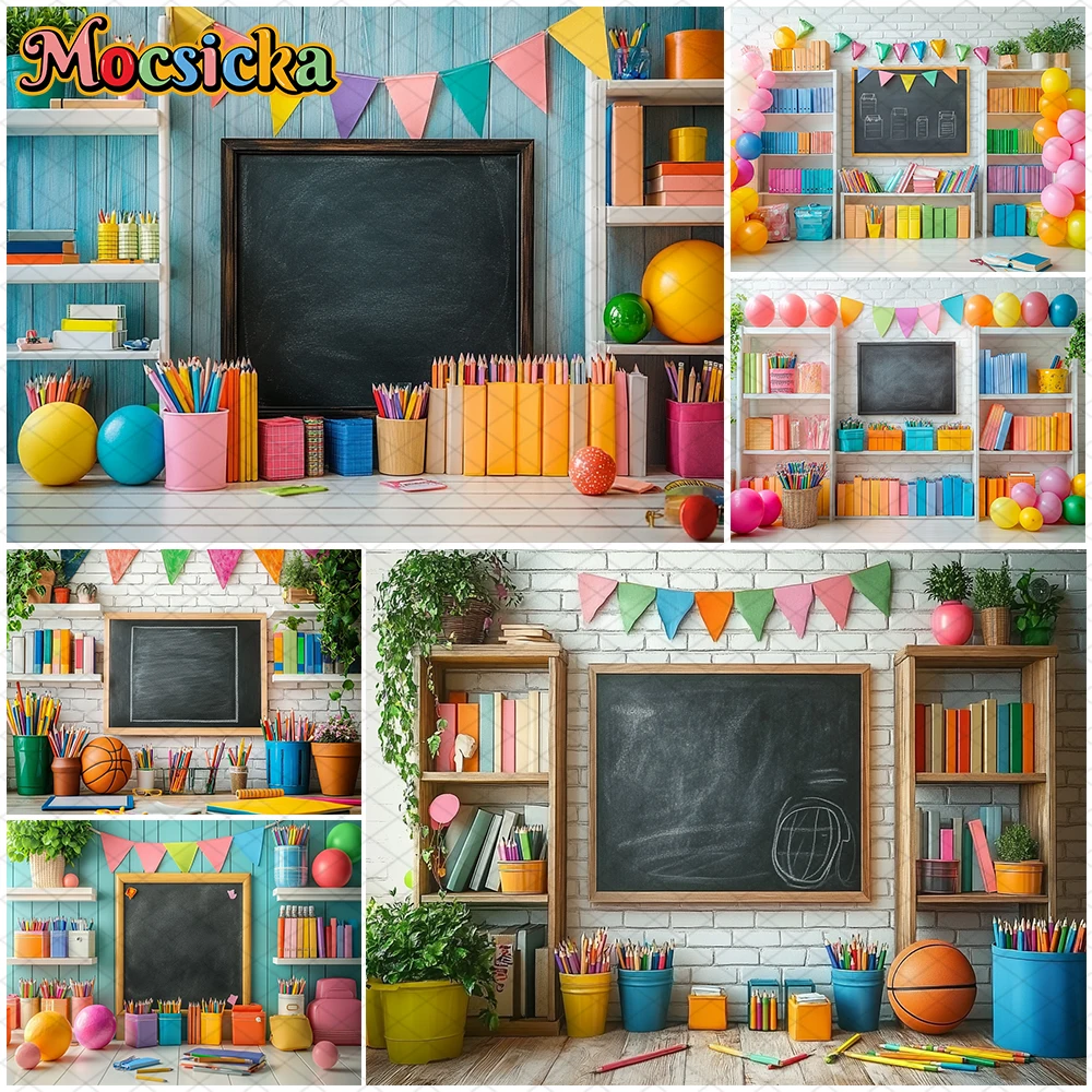 

Mocsicka Blackboard Bookshelf Photography Background Back To School Pencil Balloon Decors Student Children Photo Backdrop Banner