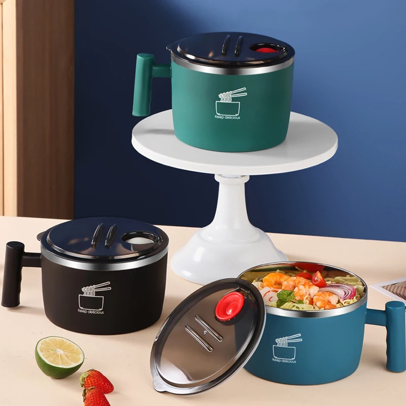 Cuenco para ramen con asas, cuenco con revestimiento de acero inoxidable, taza para sopa con tapa, tazas grandes para sopa para cereales de fideos ramen