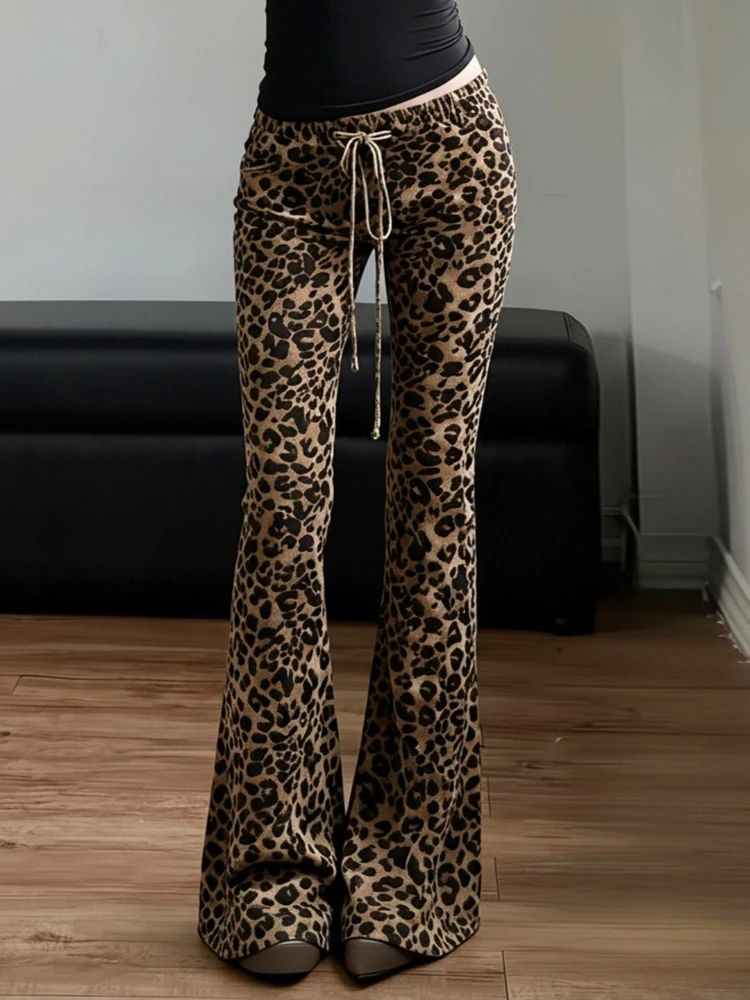 

SsTss Fashion New Leopard Print Flare Pants Women's Drawstring Tie Up Waist Slim Long Trousers Hot Girl Streetwear Trendy Pants