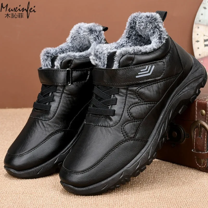 

‌Winter Men's Waterproof Leather Snow Boots Thick-Soled Warm Walking Shoes Non-Slip Large Cotton Shoes Outdoor Boots